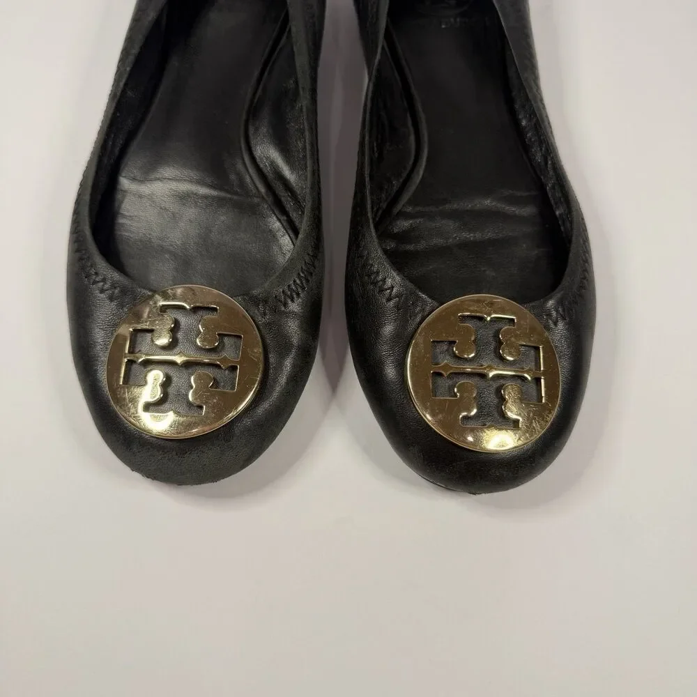 Tory Burch Leather Reva Ballet Flats Shoes Women 6.5 Black Gold Logo